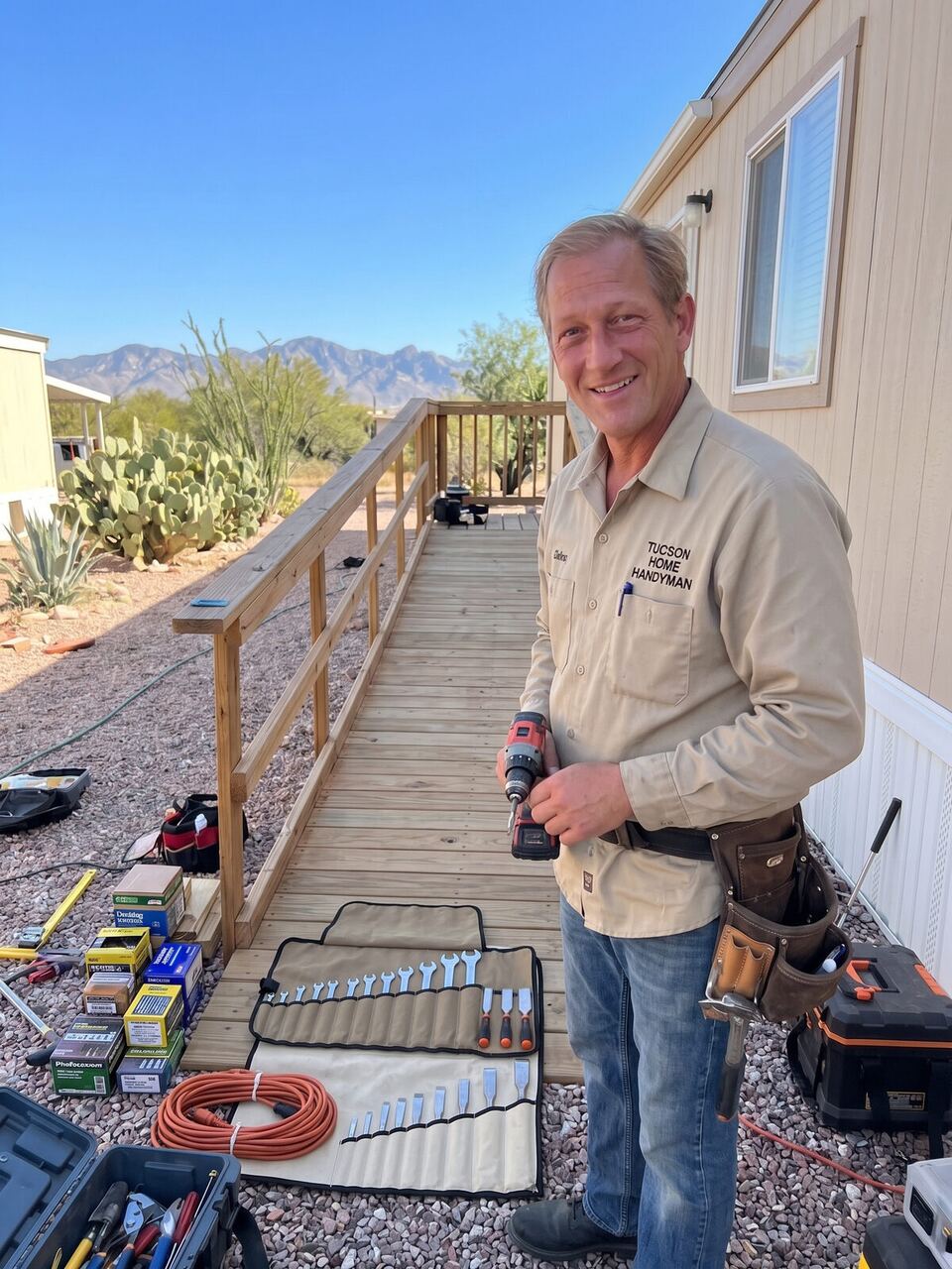 Danny McKay building an accessibility ramp at a Tucson mobile home, Catalina Mountains in background